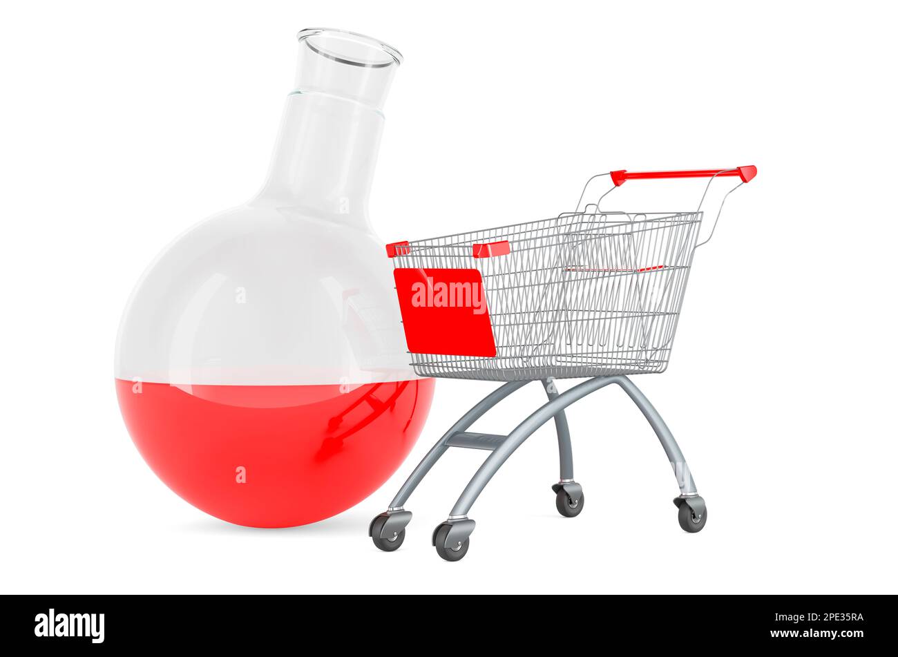 Chemical flask with shopping cart, 3D rendering isolated on white