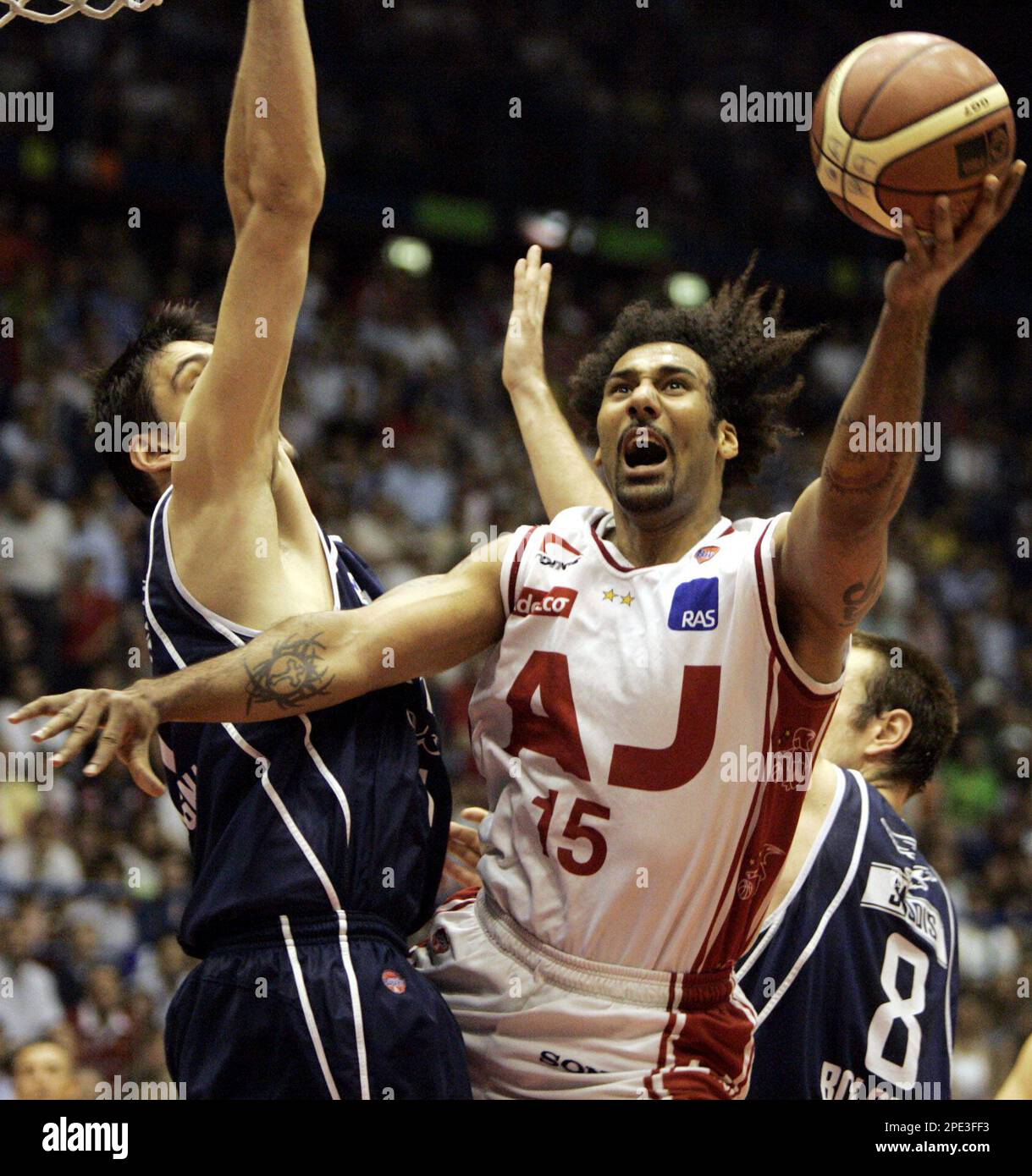 Armani Jeans Joseph Blair of U.S, right, attempts a basket as Climamio  Bologna's Erazem Lorbek of Slovenia tries to stop him during their final 4  Italian League basketball match in Milan, Italy,