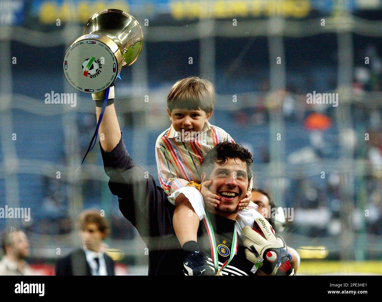 Inter Milan goalkeeper Francesco Toldo celebrates after winning