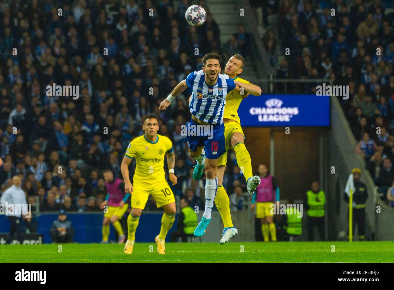 Marko Grujic of Porto and Edin Dzeko of Inter during the UEFA Champions  League, Round of 16, 2nd leg football match between FC Porto and FC  Internazionale on March 14, 2023 at