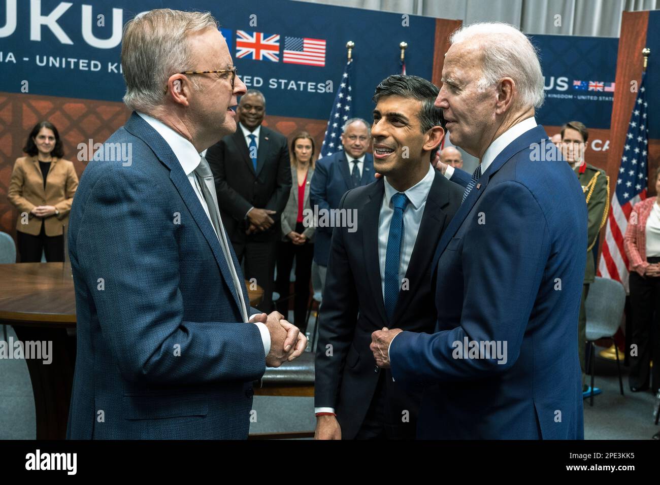 San Diego, United States of America. 13 March, 2023. U.S President Joe Biden, right, chats with Australian Prime Minister Anthony Albanese, left, and British Prime Minister Rishi Sunak, center, before a trilateral meeting at Point Loma naval base March 13, 2023 in San Diego, California. The three leaders of the AUKUS security pact agreed on expanding their nuclear-powered submarine fleet.  Credit: Chad McNeeley/DoD Photo/Alamy Live News Stock Photo