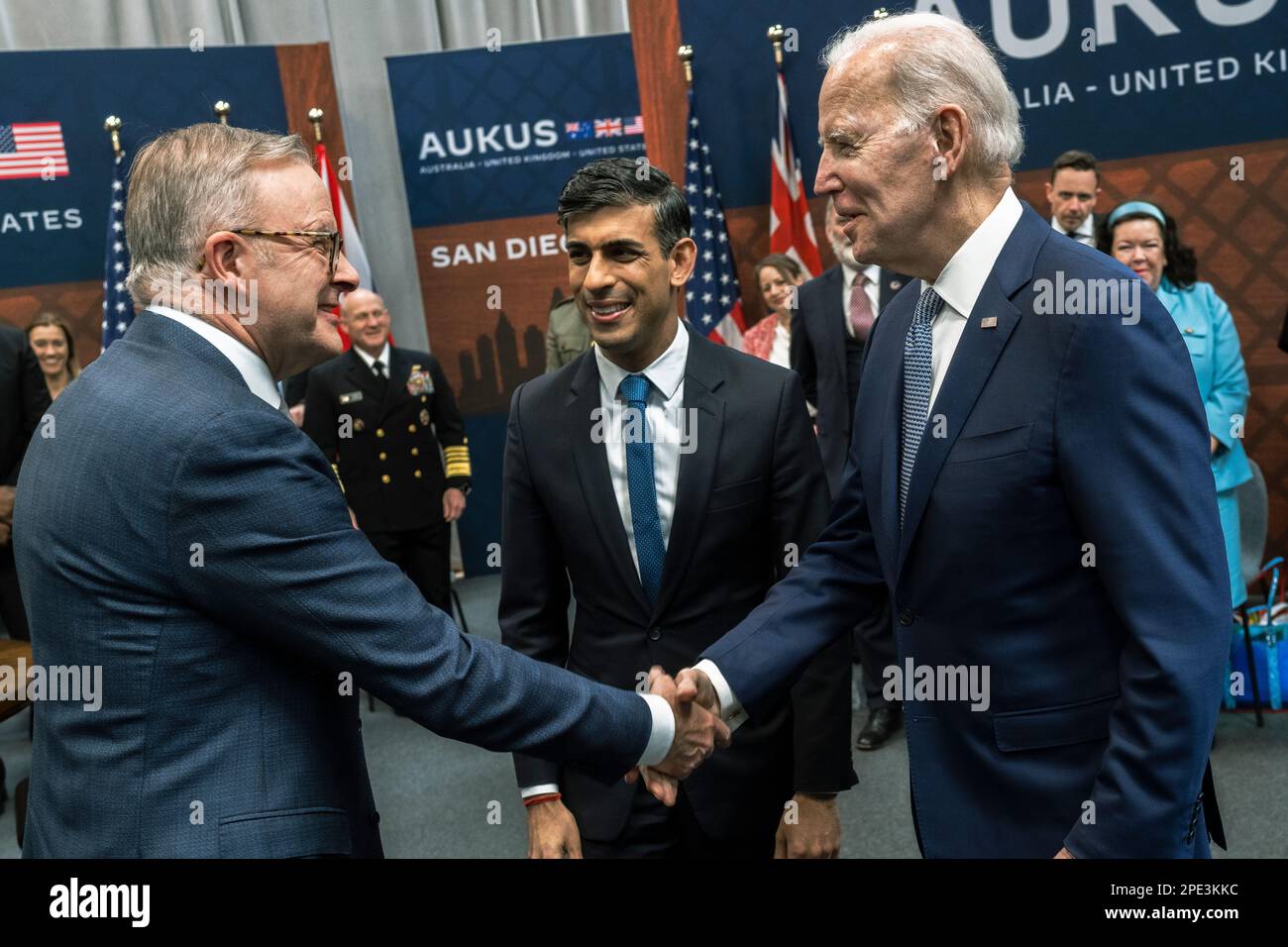 San Diego, United States of America. 13 March, 2023. U.S President Joe Biden, right, greets Australian Prime Minister Anthony Albanese, left, and British Prime Minister Rishi Sunak, center, before a trilateral meeting at Point Loma naval base March 13, 2023 in San Diego, California. The three leaders of the AUKUS security pact agreed on expanding their nuclear-powered submarine fleet.  Credit: Chad McNeeley/DoD Photo/Alamy Live News Stock Photo