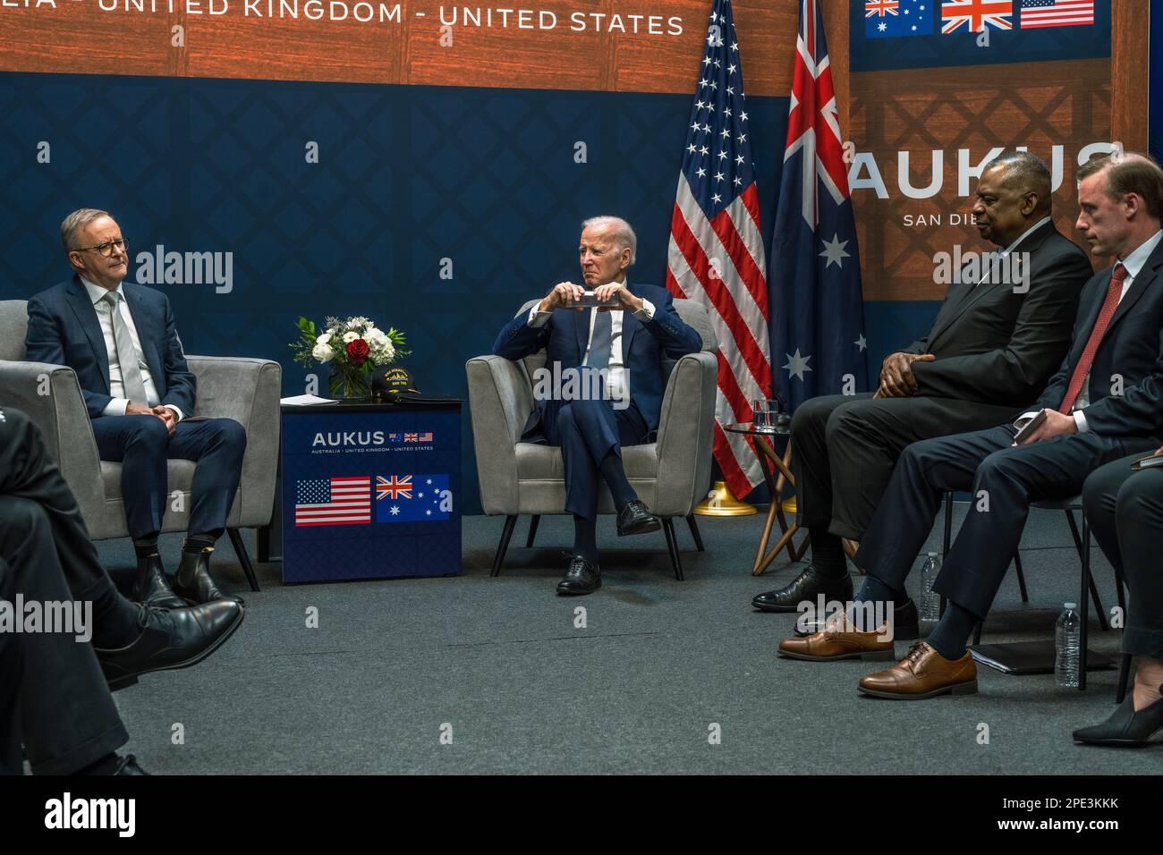 San Diego, United States of America. 13 March, 2023. U.S President Joe Biden, center, listens to Australian Prime Minister Anthony Albanese, left, during a bilateral meeting at Point Loma naval base, March 13, 2023 in San Diego, California. Joining the meeting are U.S Secretary of Defense Lloyd Austin, 2nd right, and National Security Advisor Jake Sullivan, right.  Credit: Adam Schultz/White House Photo/Alamy Live News Stock Photo