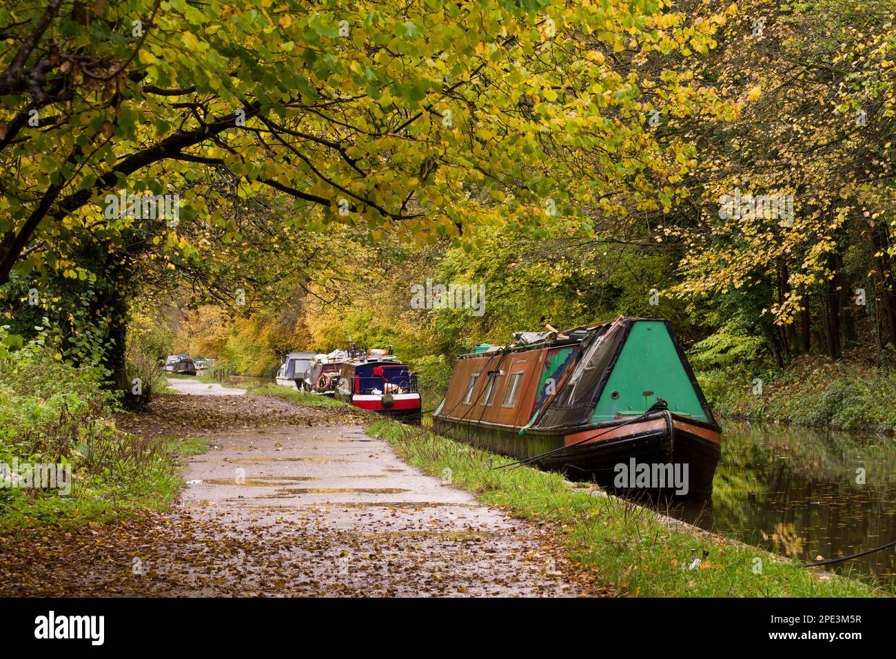 Narrowboats on the Kennet and Avon Canal surrounded by autumn colour, Avoncliff, Wiltshire, England. Stock Photo