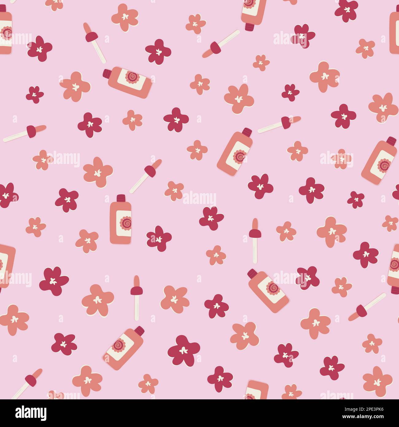 Seamless pattern in flat style with cosmetics packaging and plant element. Vector illustration Stock Vector