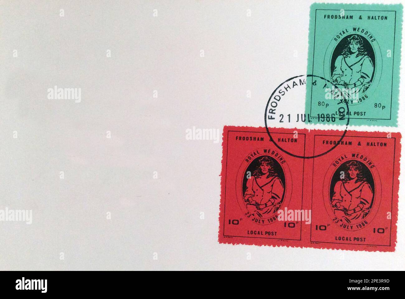 First Day Cover (FDC) for Frodsham & Halton local post 21st July 1996 celebrating the royal wedding of Prince Andrew & Sarah Ferguson, philately stamp Stock Photo