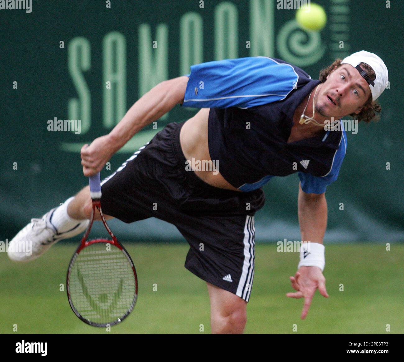 Marat Safin from Russia plays the ball during the final tennis match against Roger Federer from Switzerland at the ATP Gerry Weber Open in Halle, western Germany, Sunday, June 12, 2005