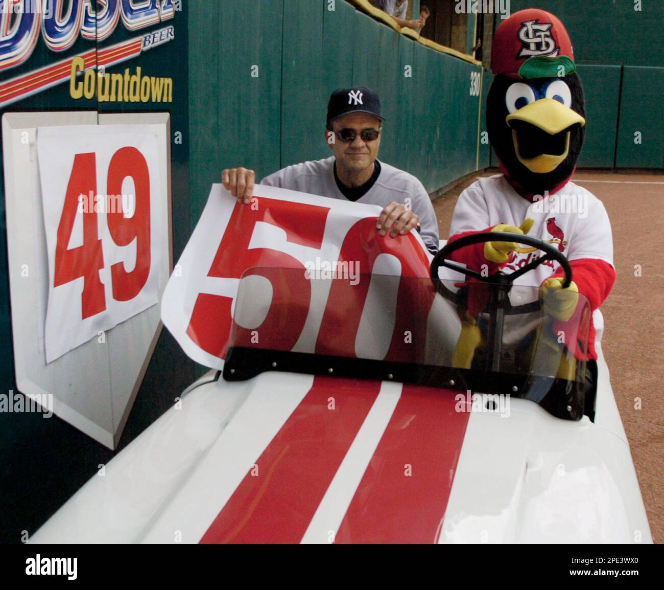 As St. Louis Cardinals mascot Fredbird looks on, New York Yankees manager  Joe Torre takes the number 50 off the right field wall during a game  against the St. Louis Cardinals at