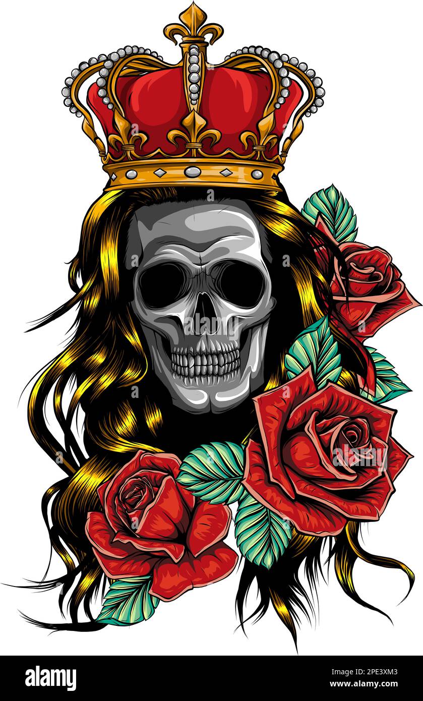 The queen skull with crown and roses flower Stock Vector
