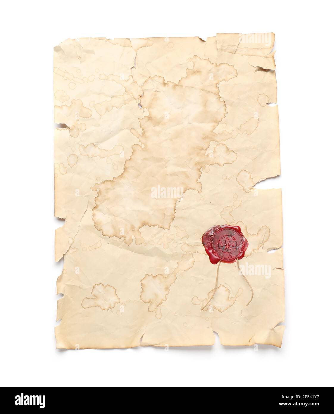 Sheet of old parchment paper with wax stamp isolated on white, top view