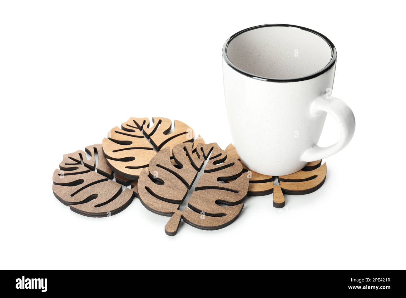 Mug and stylish wooden coasters on white background Stock Photo - Alamy