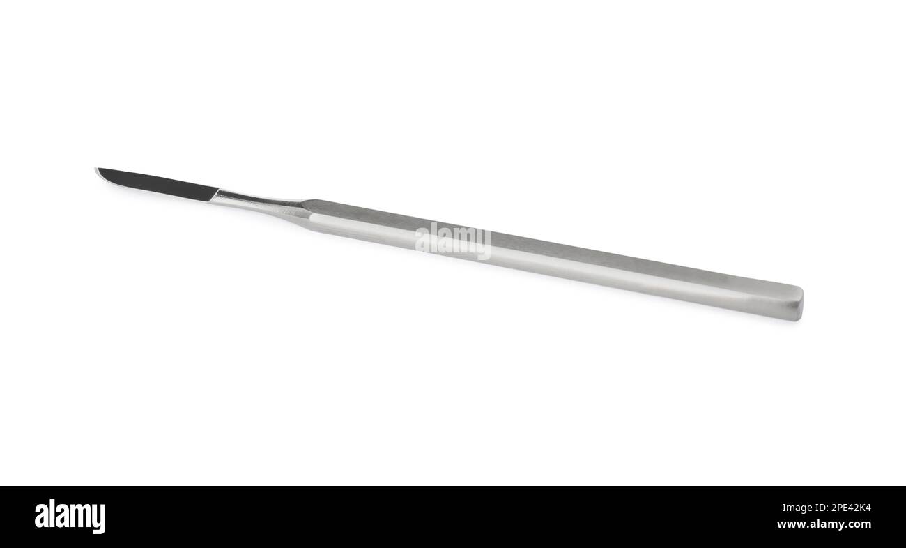 Stainless steel surgical scalpel isolated on white. Dentist's tool