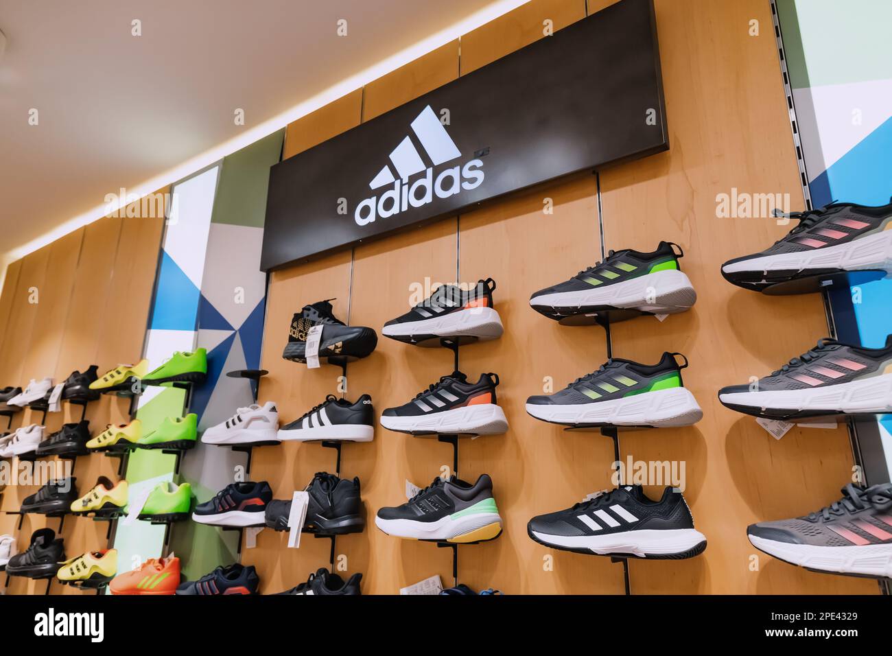 16 September 2022, Antalya, Turkiye: Adidas sportive shoes for sale at fitness store Stock Photo