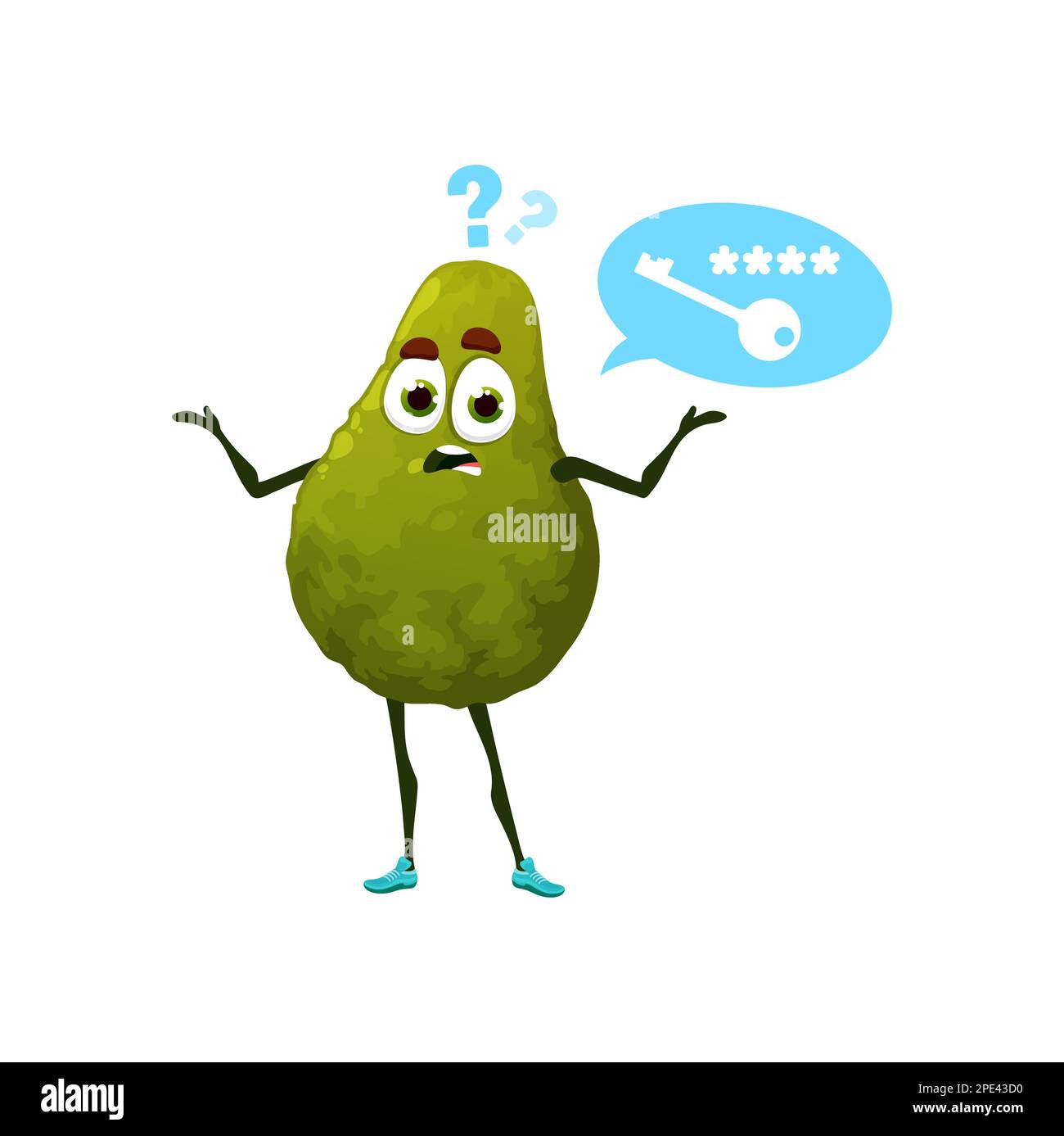 Forgot password cartoon avocado character. Isolated vector funny pensive fruit personage with upset face trying to remember key and password signs to Stock Vector