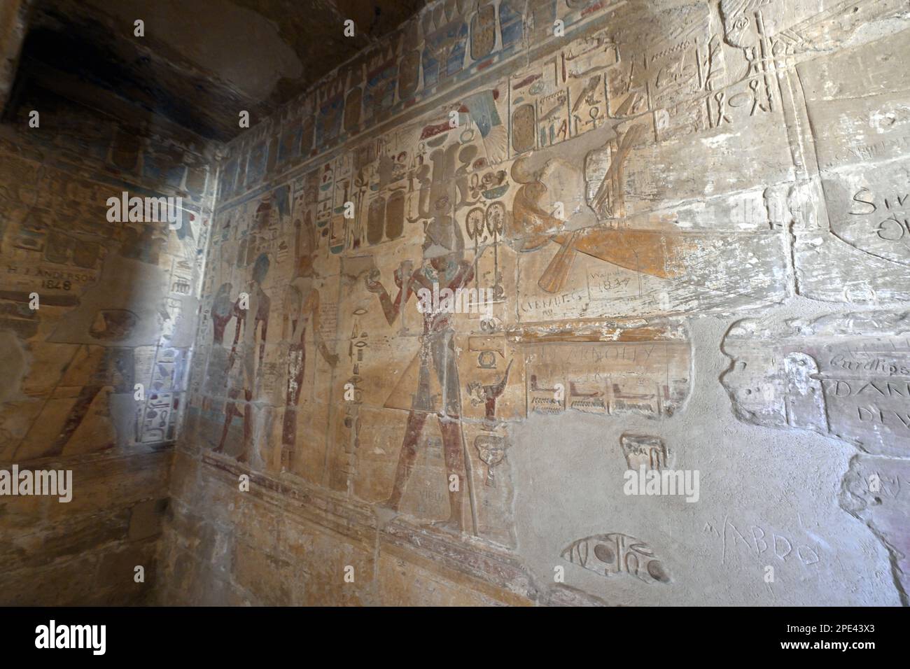 Illustration picture shows details of the wall decorations during a visit to the archeological site of El Kab, on the second day of a royal visit to Egypt, from 14 to 16 March, in El Kab, Egypt, Wednesday 15 March 2023. The Queen and the Crown Princess are in the country for an official three-day trip. They undertake the same trip to Egypt that Queen Elisabeth (the wife of King Albert I) and her son Leopold - later King Leopold III - did exactly 100 years ago. BELGA PHOTO ERIC LALMAND Stock Photo