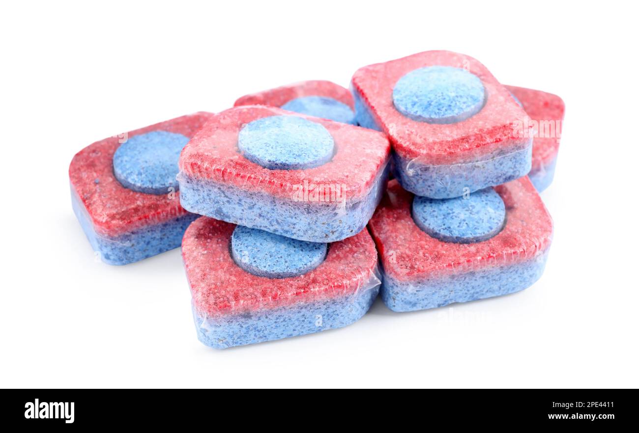 Pile of dishwasher detergent tablets on white background Stock Photo