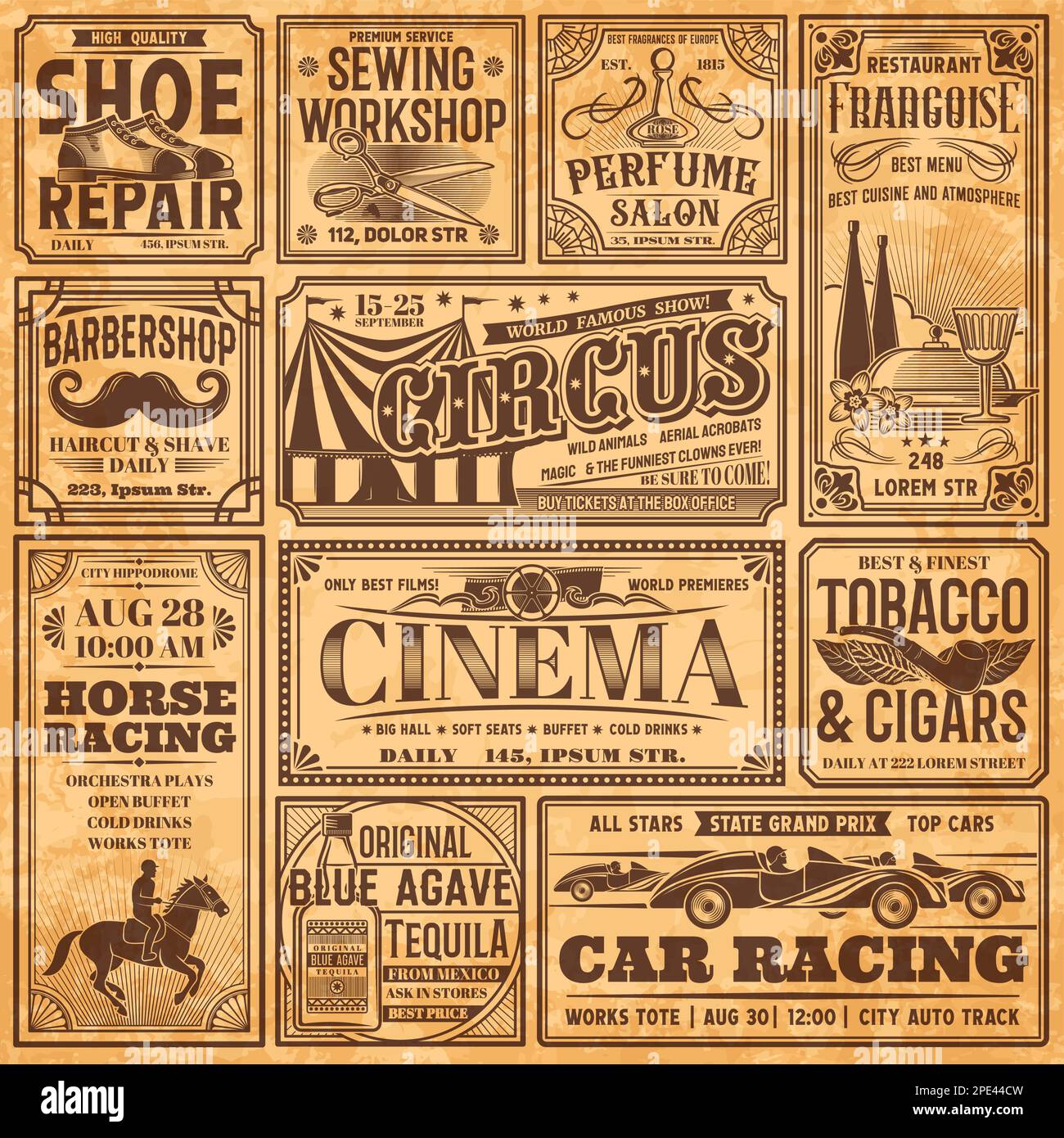 Vintage newspaper banners, old advertising on retro paper, vector background. Vintage newspaper page with news and ad posters of circus, cinema, tobac Stock Vector