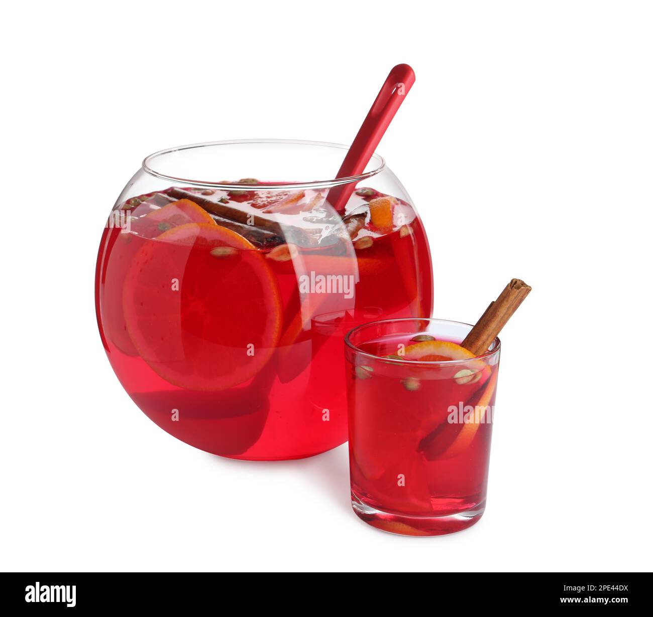 Glass and bowl with aromatic punch drink isolated on white Stock Photo ...
