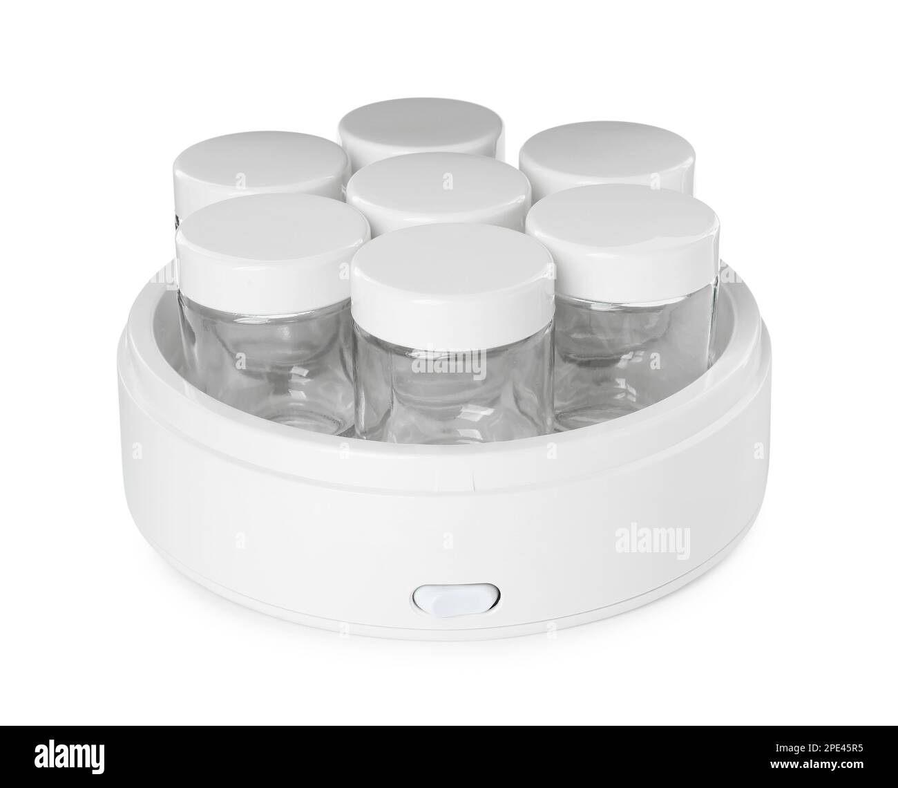 Modern yogurt maker with empty jars on white background Stock Photo Alamy