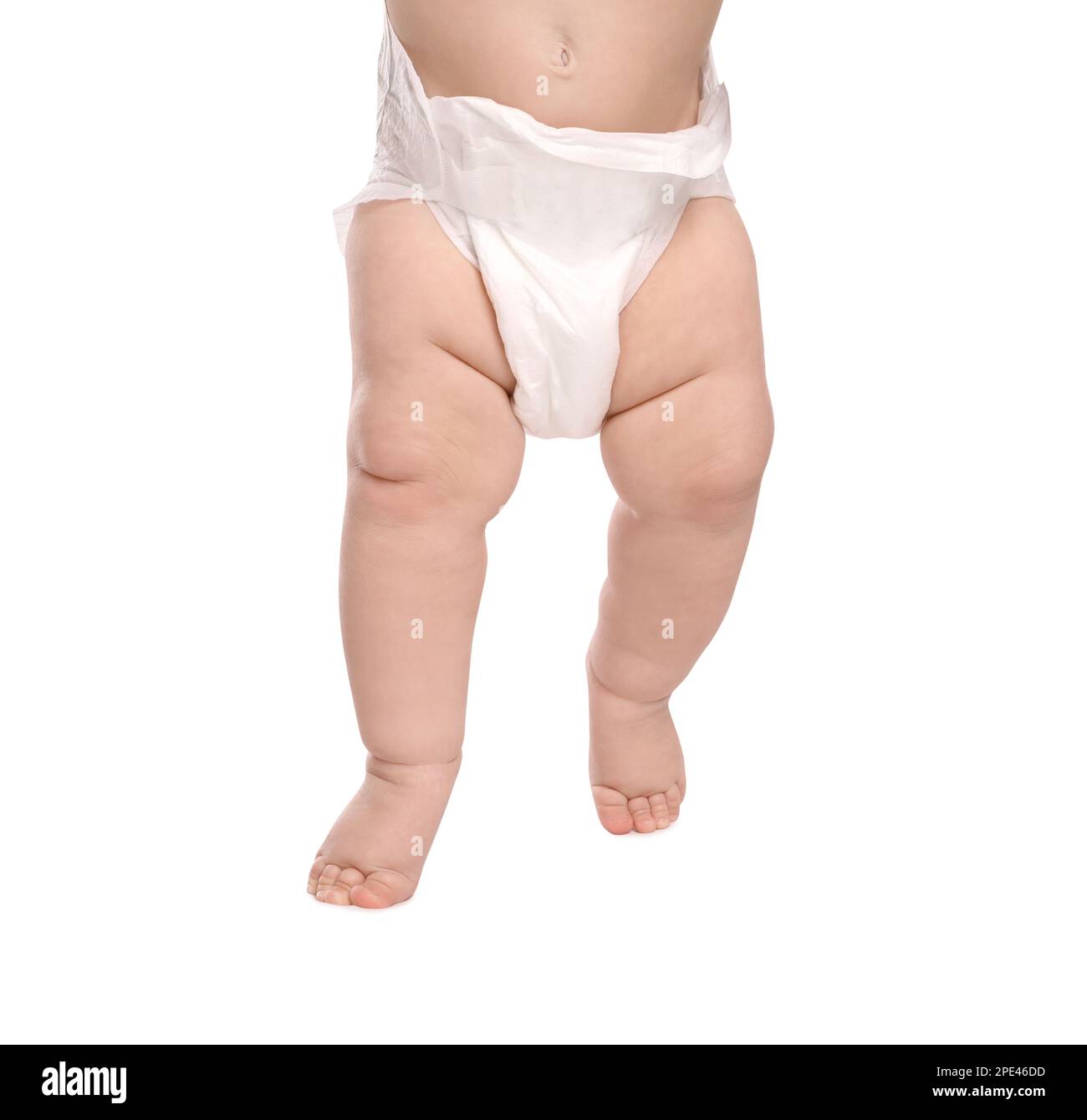 Little baby in diaper on white background, closeup Stock Photo