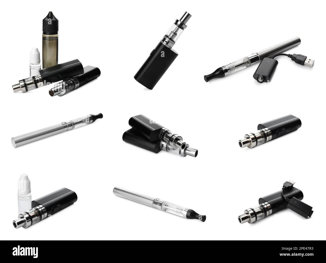 Set with different electronic smoking devices on white background Stock