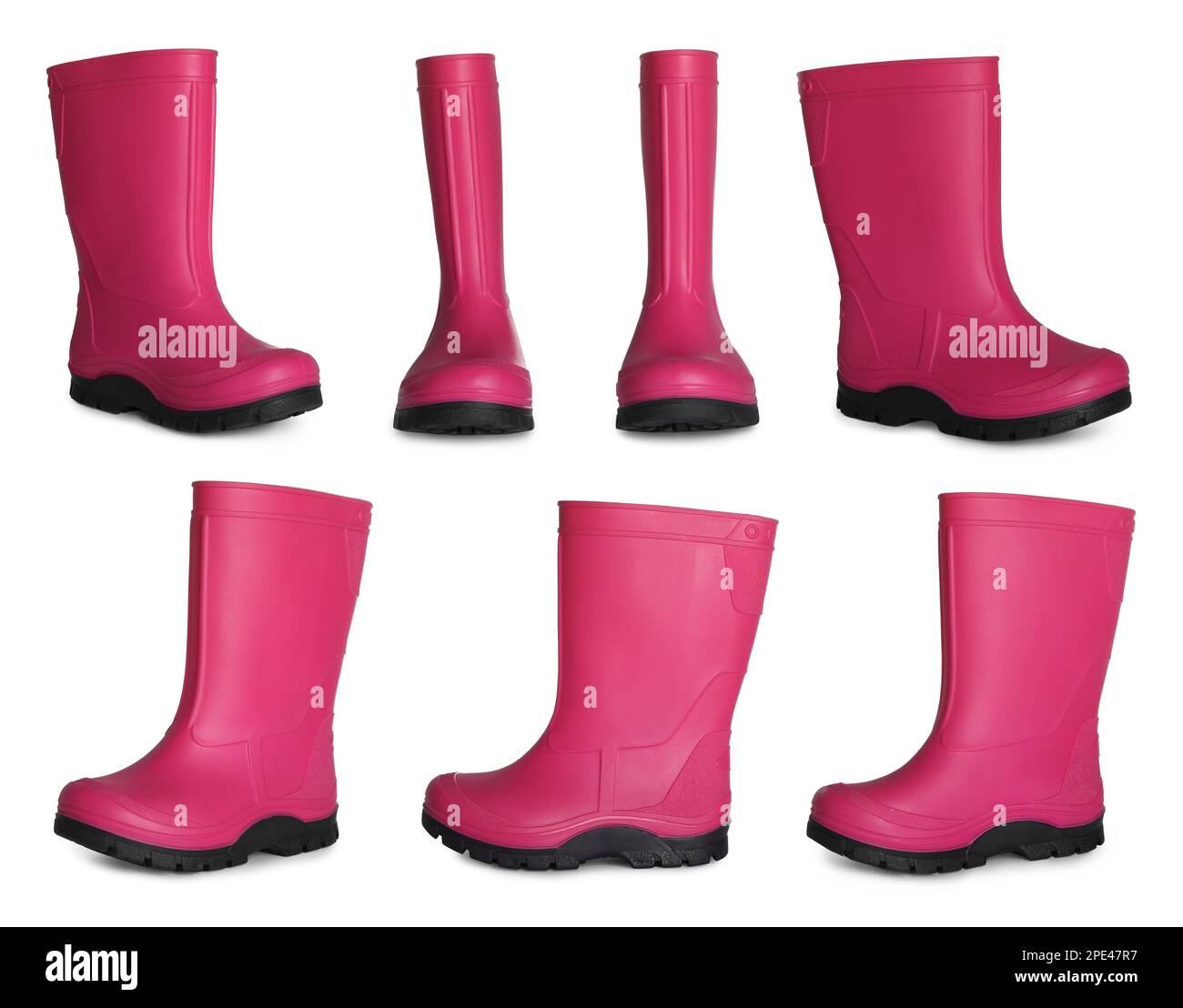 Set with pink rubber boots on white background Stock Photo Alamy