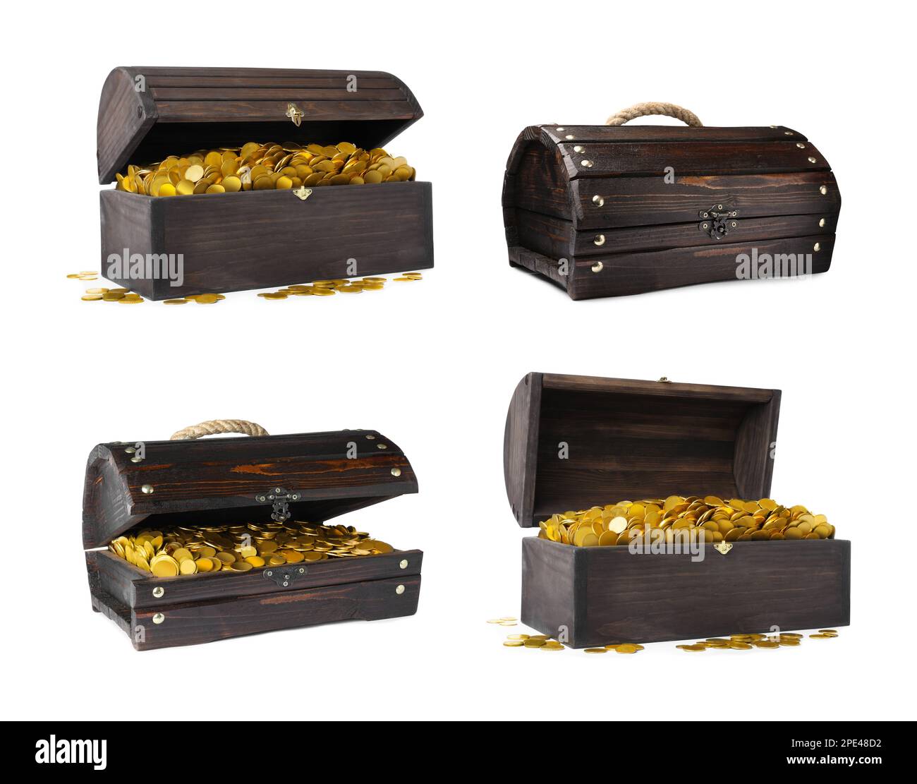 Set with treasure chests full of gold coins on white background Stock ...
