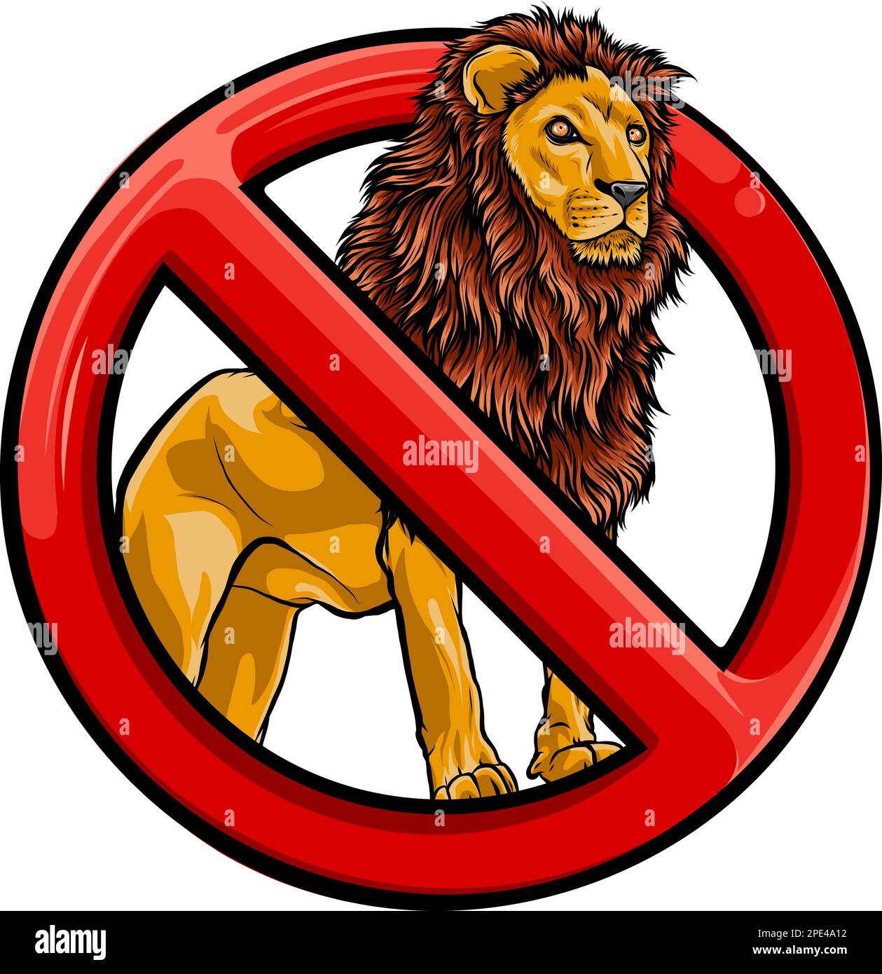 Stop lion. Prohibited wild animal. Emblem against predator. Red