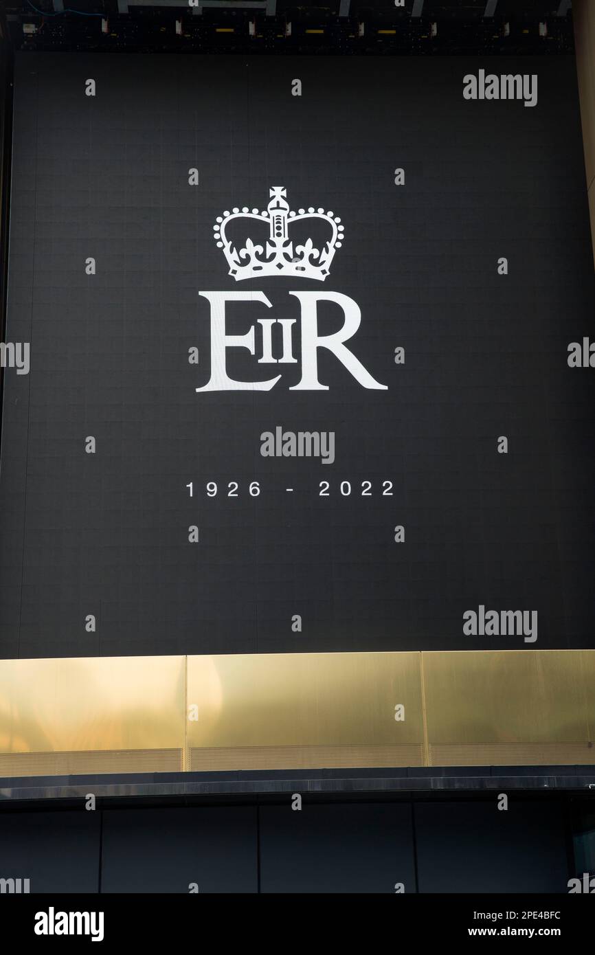 The royal cypher of the late Queen Elizabeth II is displayed in central London, on the day of her funeral. Stock Photo