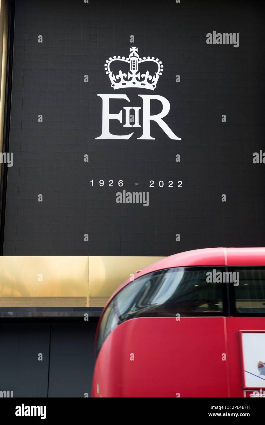 The royal cypher of the late Queen Elizabeth II is displayed in central London, on the day of her funeral. Stock Photo
