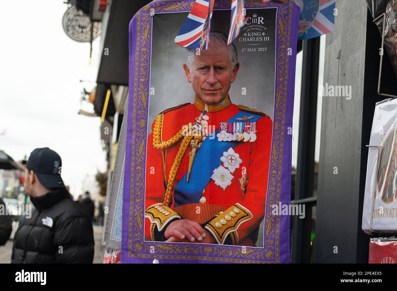 Windsor, Berkshire, UK. 15th March, 2023. The town of Windsor is gearing up for the Coronation of King Charles III. A concert is to be held in the grounds of Windsor Castle on Sunday 7th May 2023. Tourist shops are starting to sell King Charles III Cornonation memorabilia. Credit: Maureen McLean/Alamy Live News Stock Photo