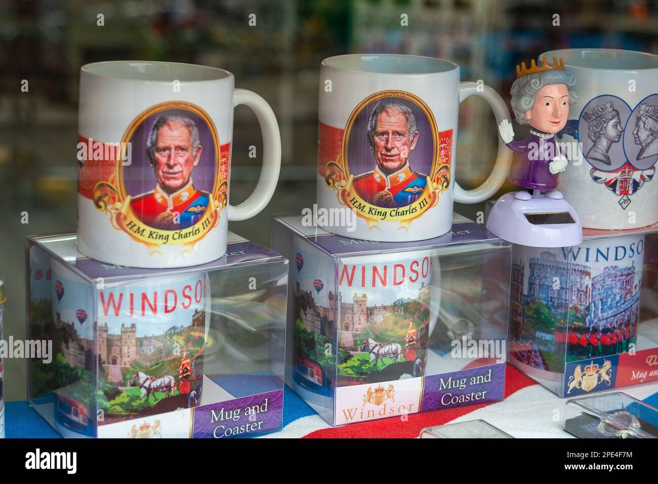 Windsor, Berkshire, UK. 15th March, 2023. The town of Windsor is gearing up for the Coronation of King Charles III. A concert is to be held in the grounds of Windsor Castle on Sunday 7th May 2023. Tourist shops are starting to sell King Charles III Cornonation memorabilia. Credit: Maureen McLean/Alamy Live News Stock Photo