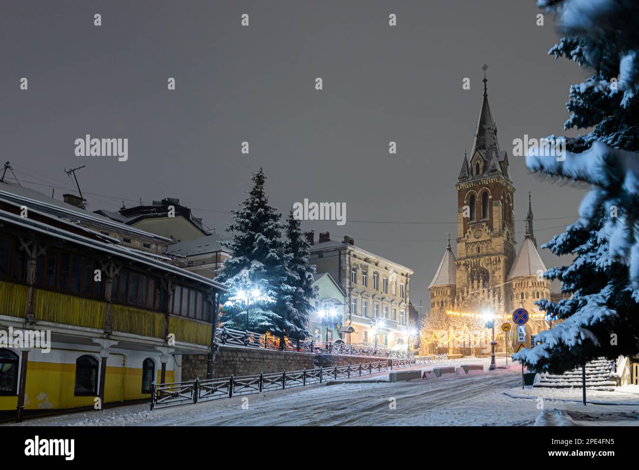 Church of St. Stanislav in Chortkiv, Ukraine. winter night view. Stock Photo