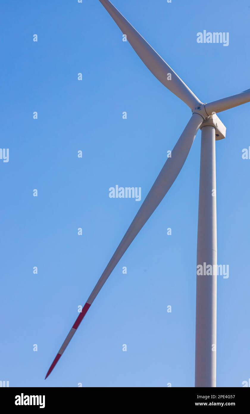 wind mill or also wind-turbine on wind farm in rotation to generate electricity energy on outdoor with sun and blue sky, conservation and sustainable Stock Photo
