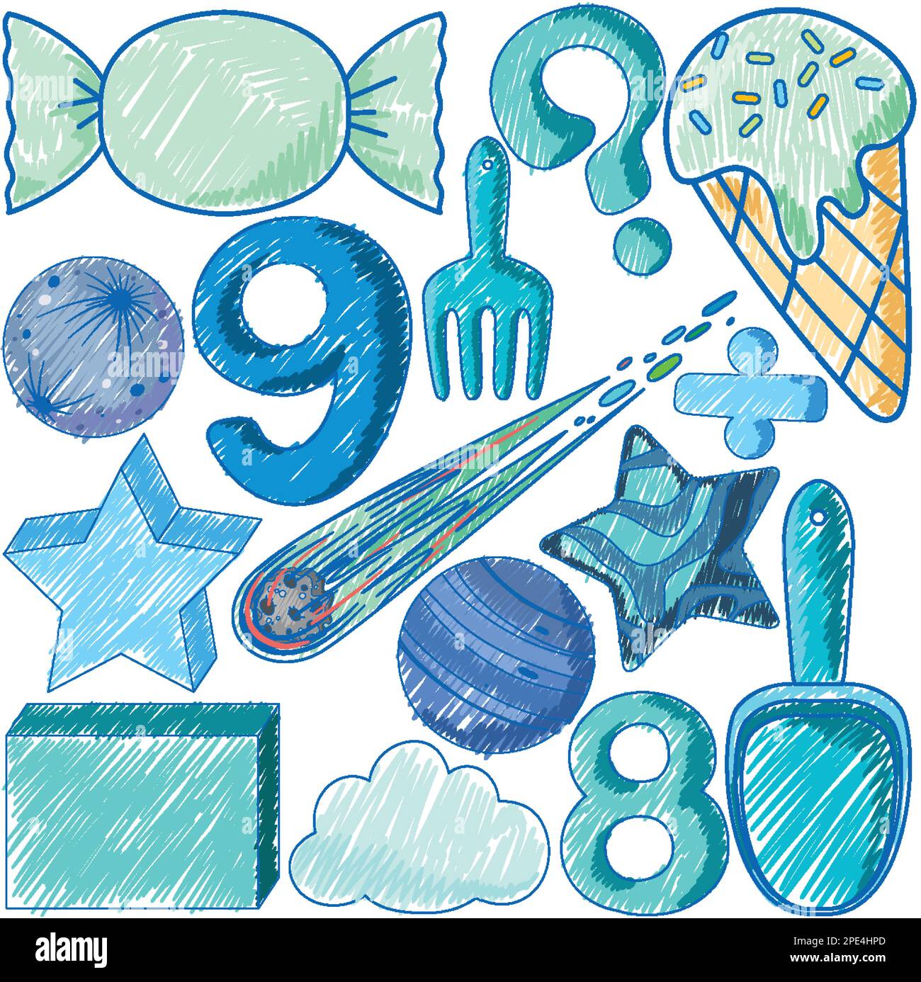 Blue objects in Pencil Colour Sketch Simple Style illustration Stock ...