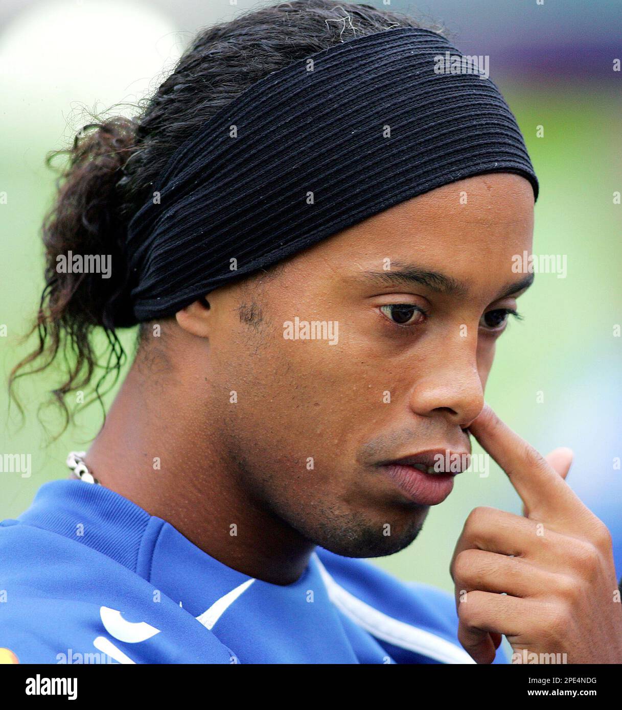 Brazil's soccer player Ronaldinho Gaucho, who plays for Barcelona of Spain,  during a training season of Brazil's National team in Teresopolis, Brazil,  on Tuesday, May 31, 2005. Brazil will face Paraguay on