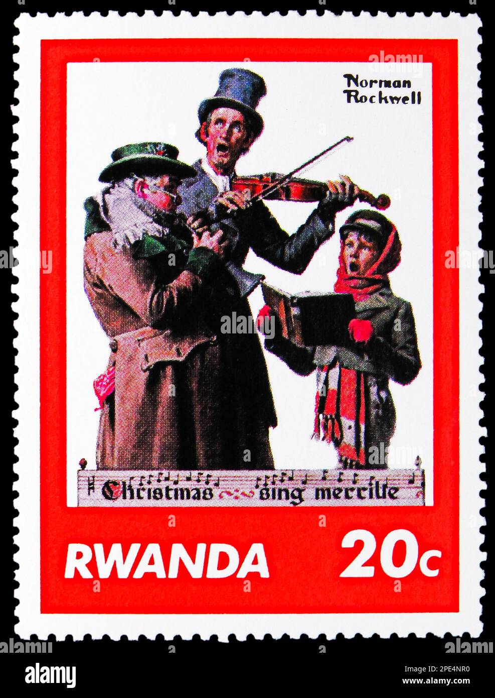 MOSCOW, RUSSIA - FEBRUARY 17, 2023: Postage stamp printed in Rwanda shows Musicians, Paintings by Norman Rockwell serie, circa 1981 Stock Photo