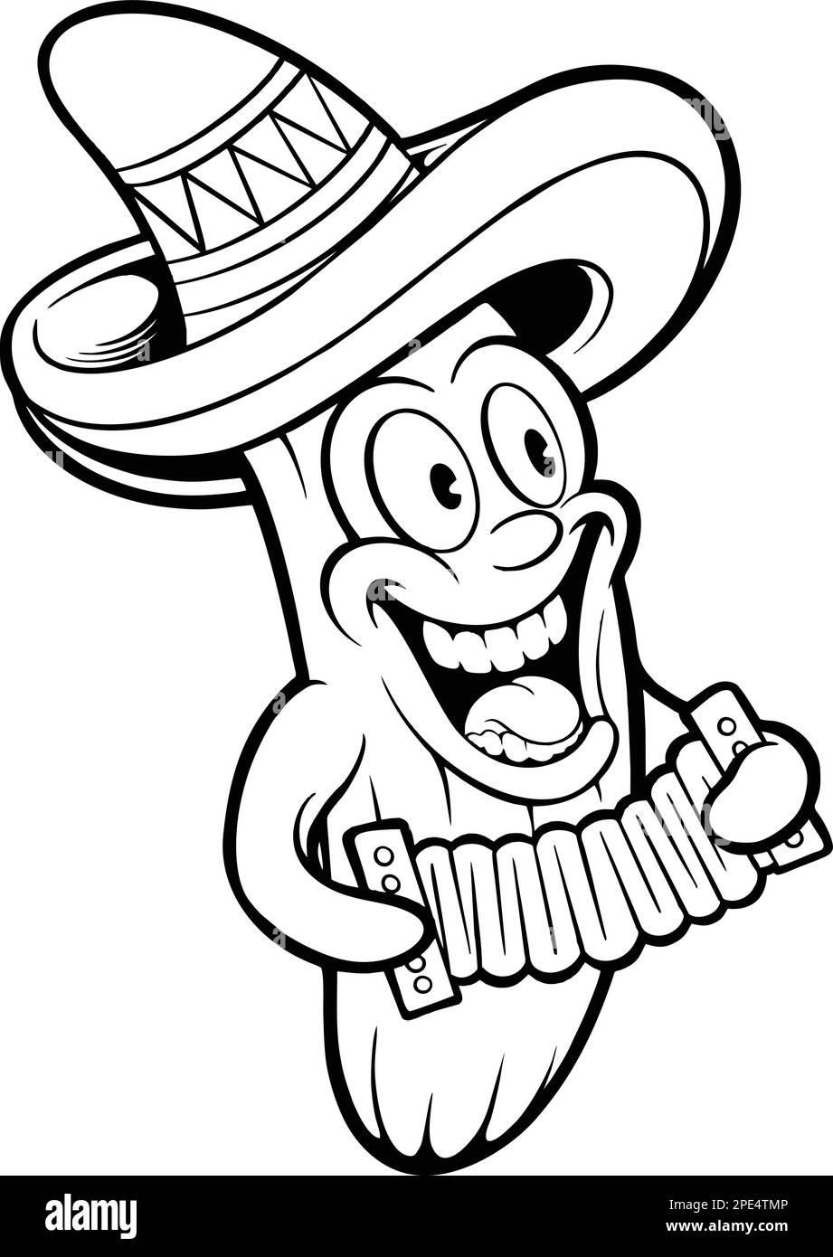 Cute mexican cactus sombrero hat playing accordion cinco de mayo monochrome vector illustrations for your work logo, merchandise t-shirt, stickers and Stock Vector