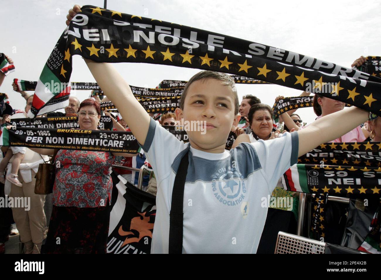 Juventus soccer fans show their scarves to remember the Heysel tragedy at  the King Baudouin stadium in Brussels, Sunday May 29, 2005. Fans from  Britain, Italy and Belgium marked the Heysel tragedy