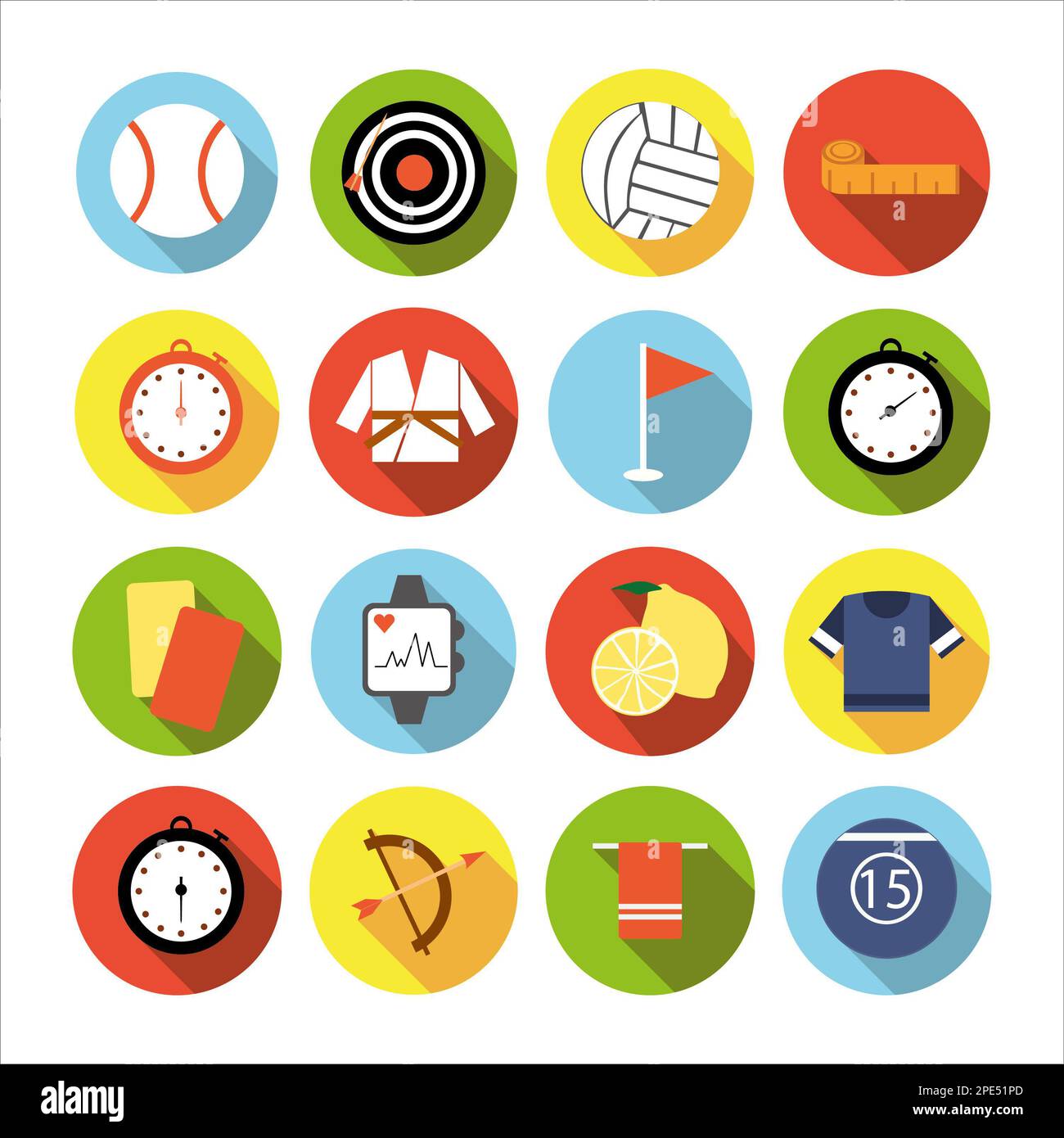 Collection of icons with different sports and healthy eating in flat design with shadows Stock Photo