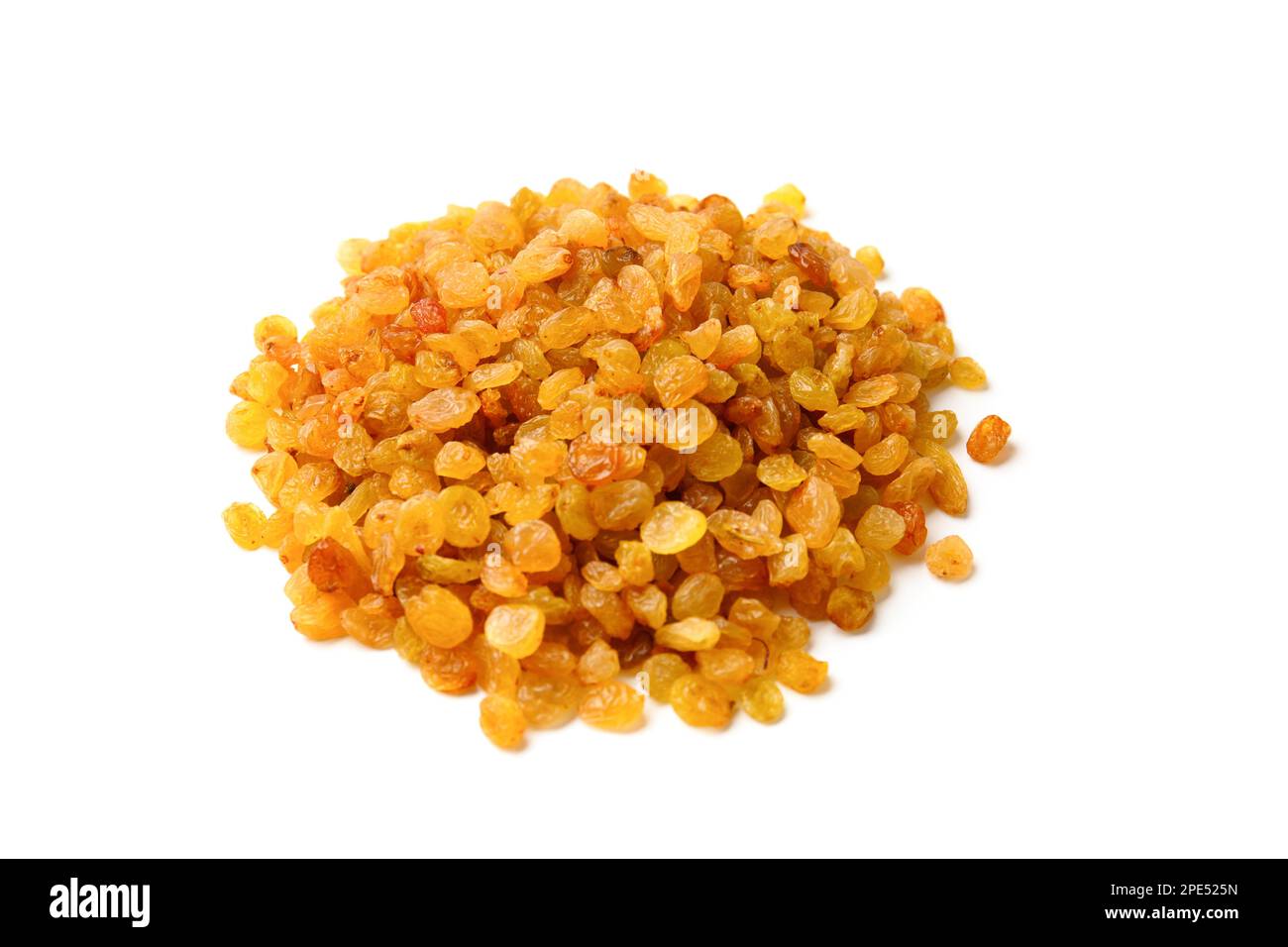 A handful of amber raisins on a white background, dry berries of light