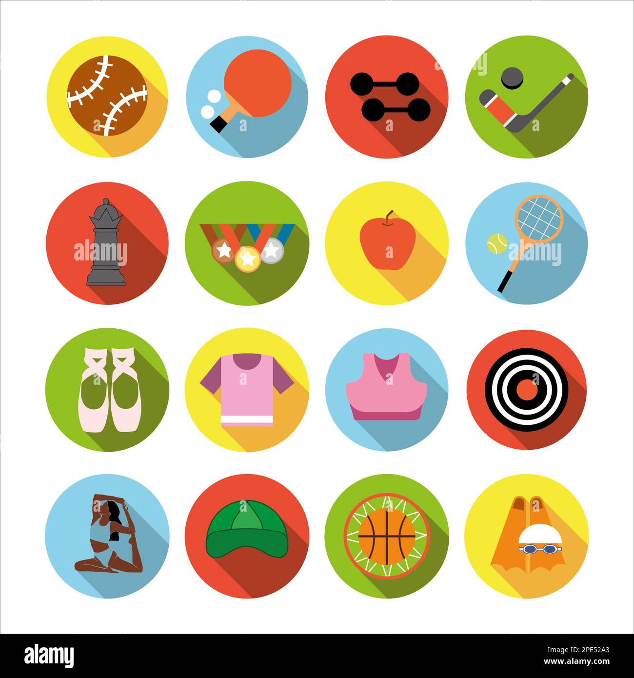Collection of icons with different sports and healthy eating in flat ...