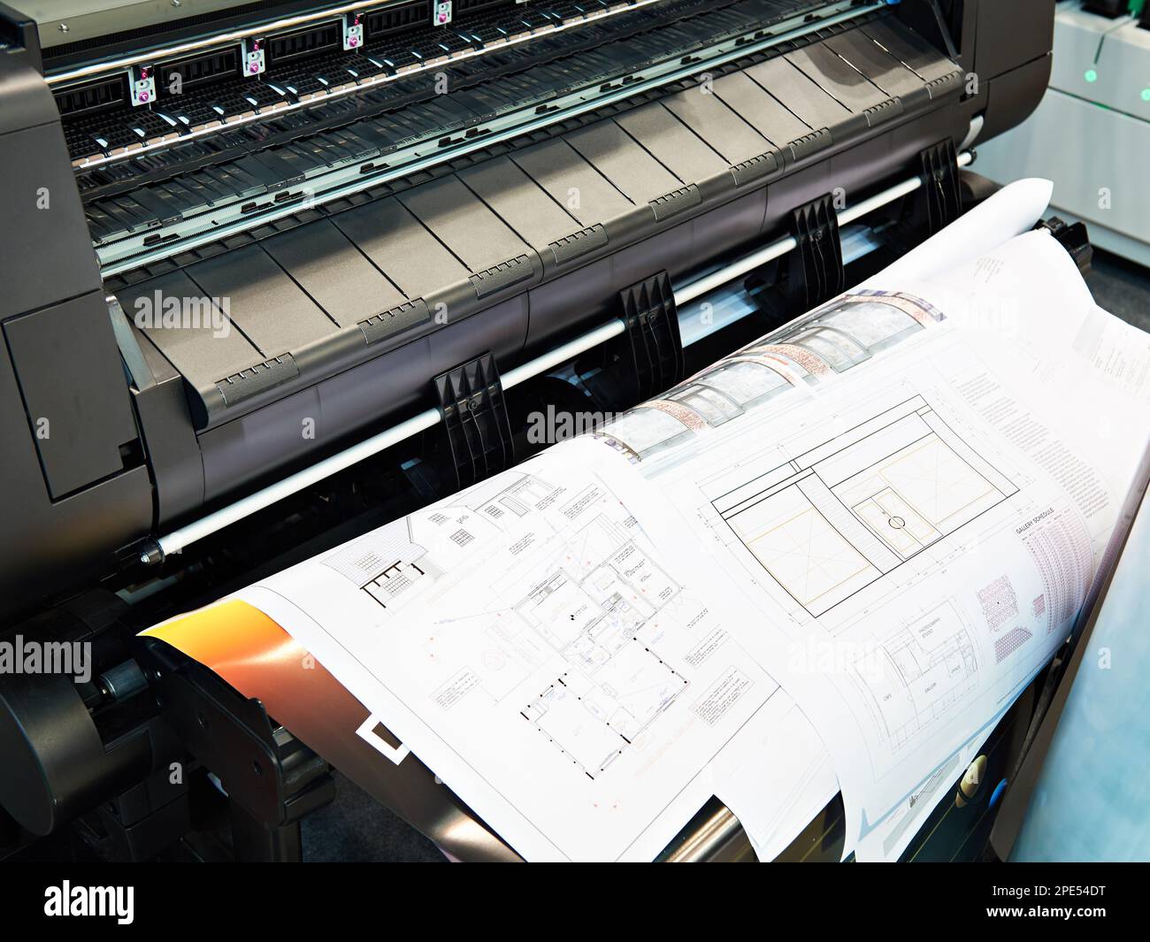 Large format plotter and printed drawings floor plans Stock Photo