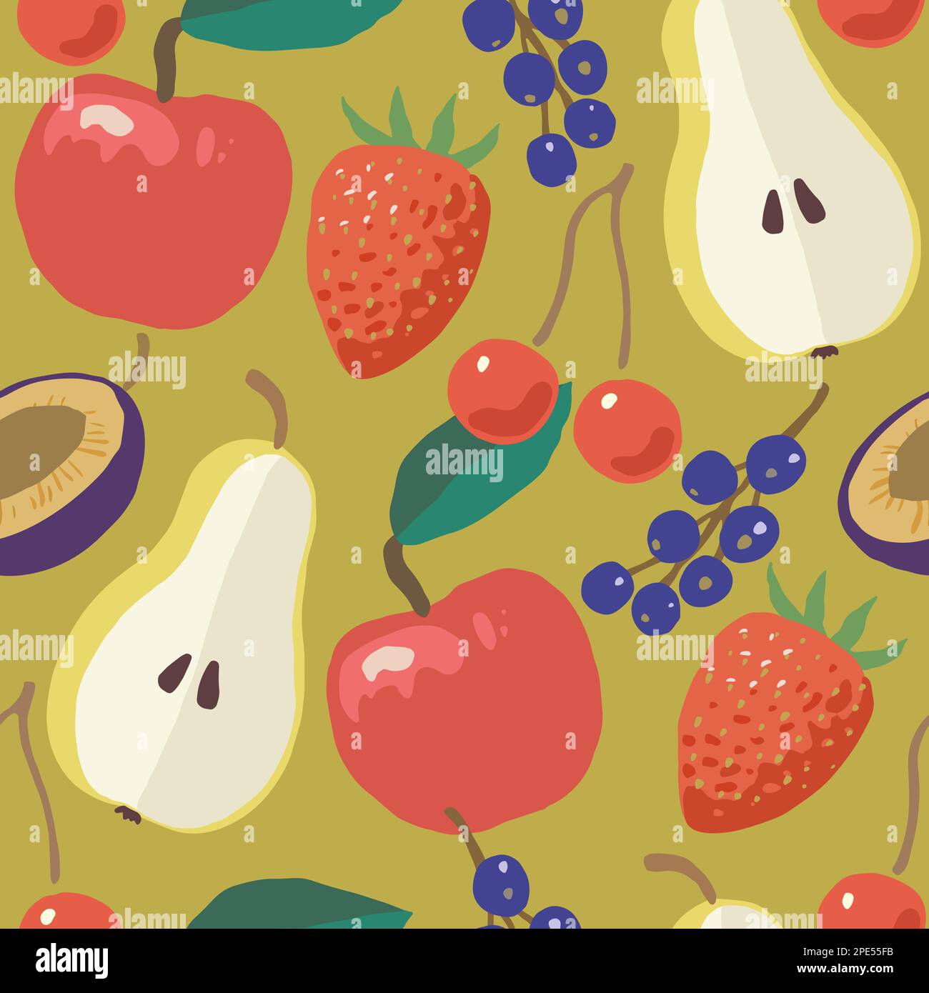 Seamless pattern with ripe juicy garden fruits, apples, cherries and pears. Hand drawn vector illustration. Stock Vector