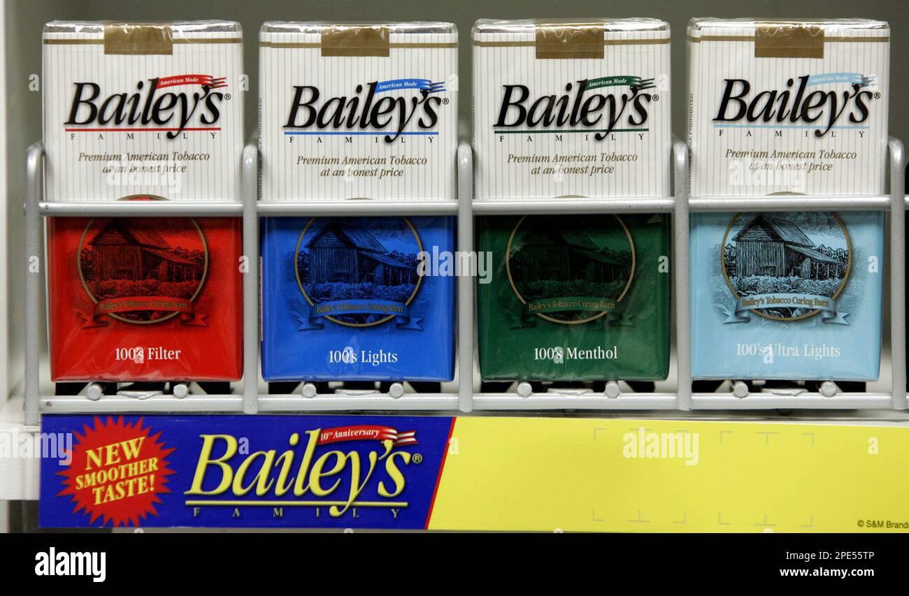 baileys cigarettes ADVANCE FOR WEEKEND OF MAY 28-29 --FILE ** Several packs of Bailey's  cigarettes are on display at the S&M Brands plant in Keysville, Va.,  Thursday Jan. 6, 2005. On July 1,