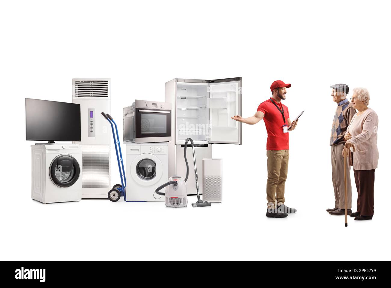 Appliance sales associate presenting electrical appliances to an