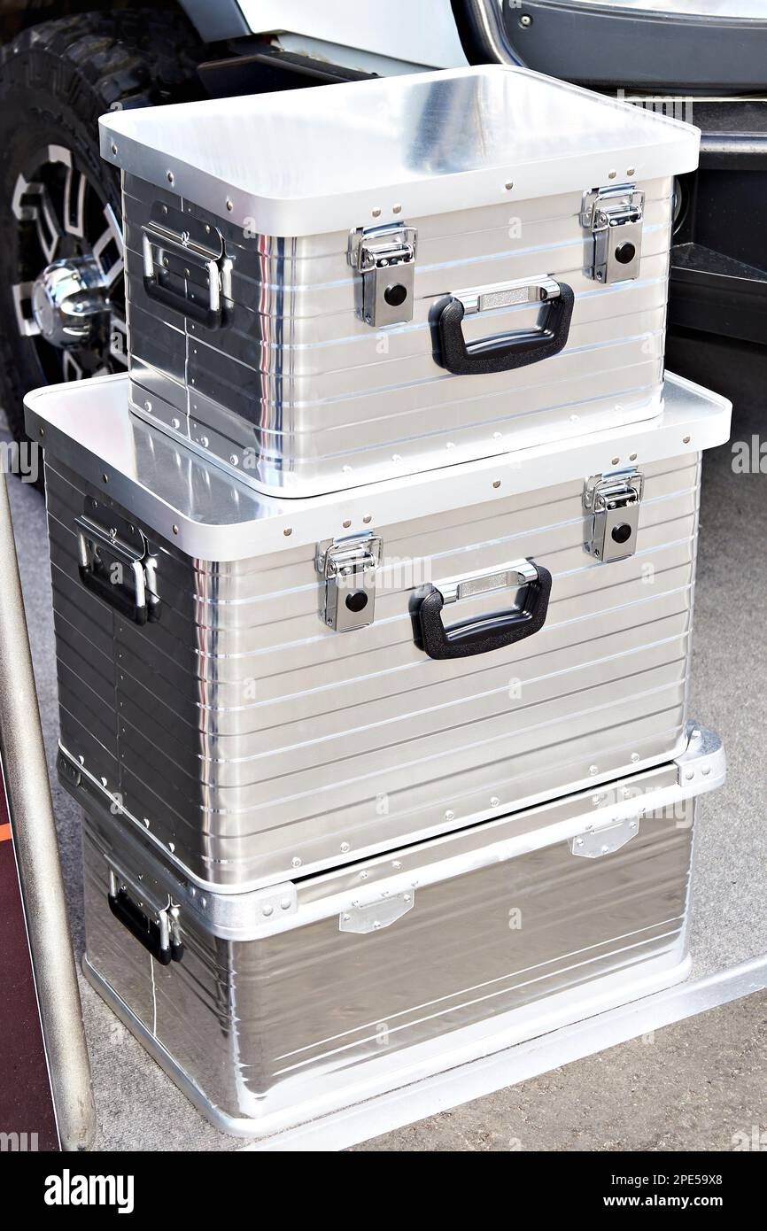 Metal storage boxes on stack Stock Photo Alamy