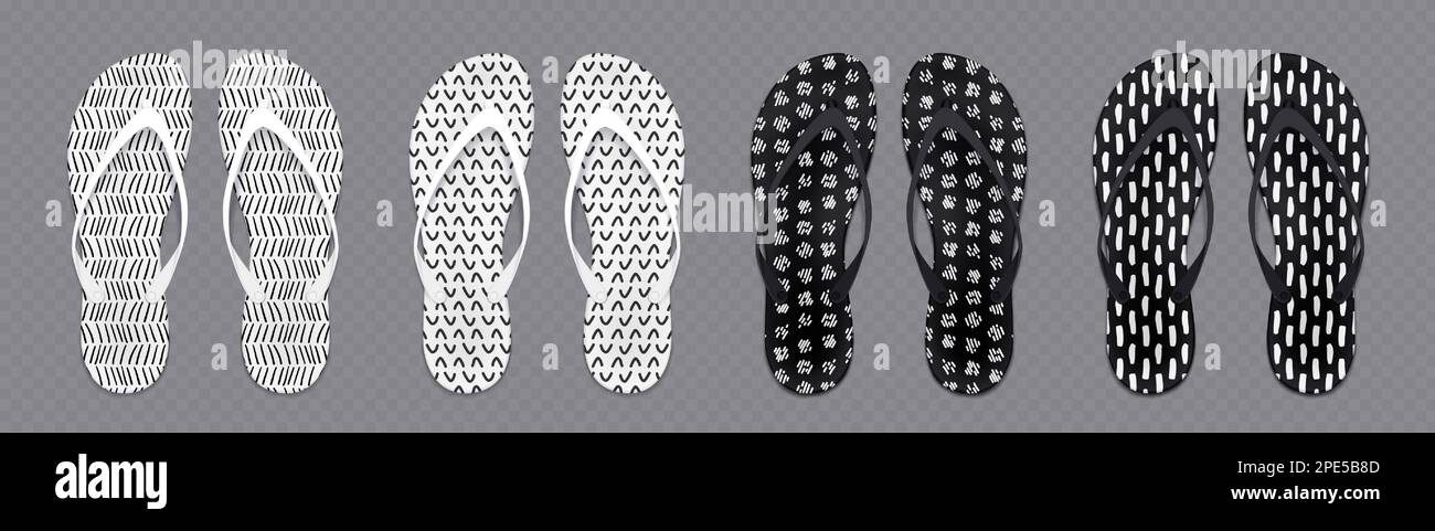 Summer flip flops, sandals for sand beach, pool and seaside. Black and white slippers with abstract hand drawn patterns of paint brush strokes, vector realistic mockup Stock Vector