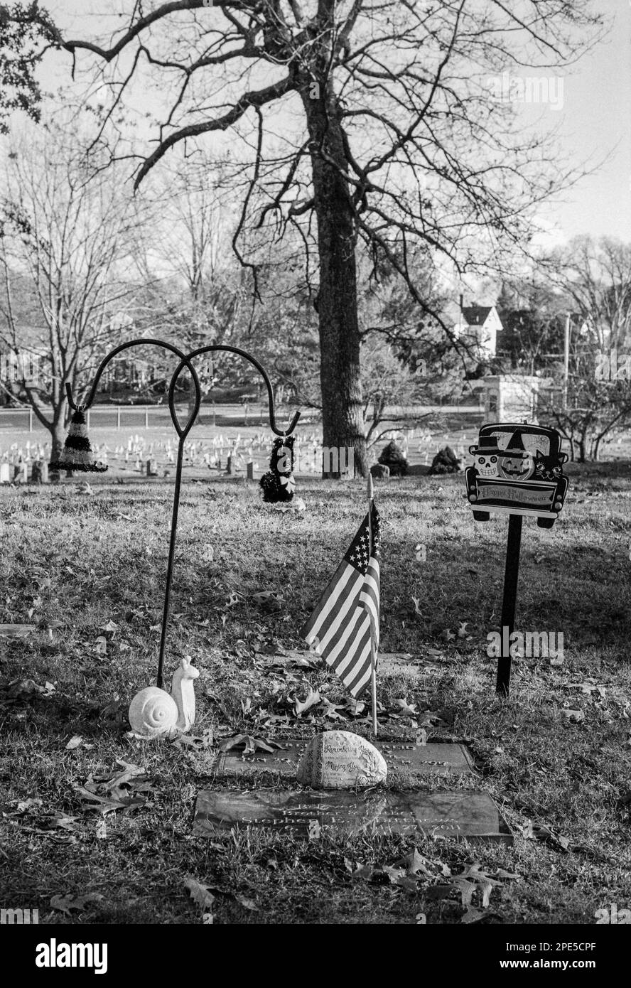 The American flag displayed between gravestones marking a the resting