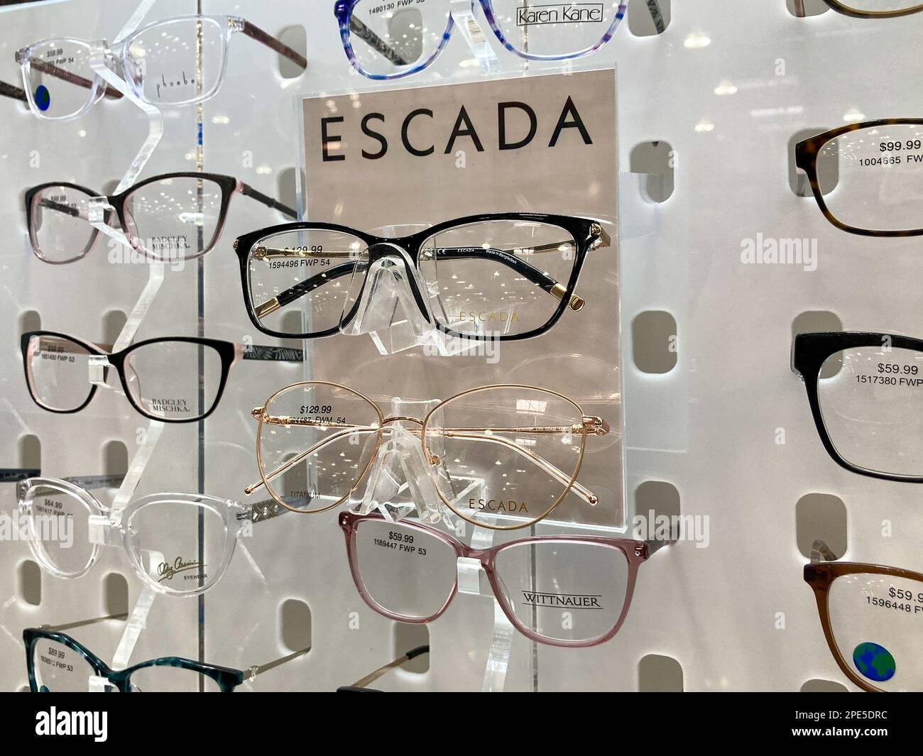 ST. PAUL, MN, USA - FEBRUARY 6, 2023: Escada eyewear display close-up and trademark logo. Stock Photo